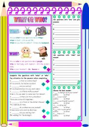 English Worksheet: What or Who?  explanation, examples and exercises [4 easy tasks] ***editable