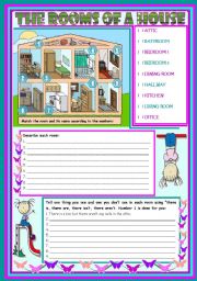 English Worksheet: The rooms of a house  vocabulary (rooms, furniture and appliances) and grammar (there is, there are) [3 tasks] ***editable