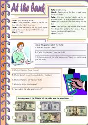 At the bank  vocabulary, comprehension and grammar (American money + bank + can) [6 tasks] ((2 pages)) ***editable