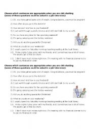 English worksheet: Chit Chat - appropriate questions