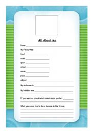 English Worksheet: All About Me