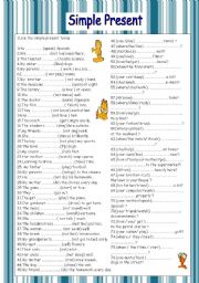 English Worksheet: SIMPLE PRESENT:ALL FORMS SEVENTY-SIX SENTENCES (KEY INCLUDED)