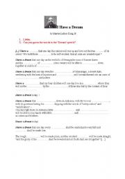 English worksheet: I have a dream texte  trou