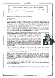 English Worksheet: TEST: WIKILEAKS - THE LEAKAGE OF HIGHLY-CONFIDENTIAL / SENSITIVE DOCUMENTS