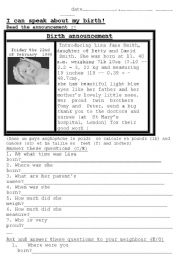 English worksheet: I can speak about my birth