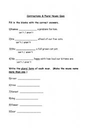 English Worksheet: Contractions and Plural Nouns Quiz