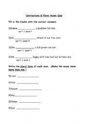 English worksheet: Contractions and Plural Nouns Quiz