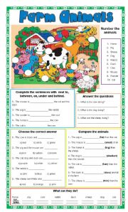 English Worksheet: Farm Animals + 6 different exercises + present continuous, prepositions, colors, comparatives and superlatives, vocabulary and actions.