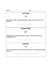 English worksheet: Less Than, Greater Than, & Equal To
