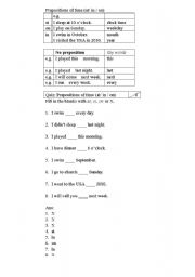 English worksheet: Prepositions of time (at/ in / on)