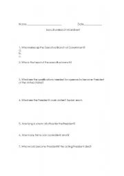 English worksheet: Executive Branch Worksheet 