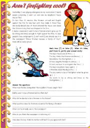 English Worksheet: Arent firefighters cool?  reading comprehension + grammar (comparative of equality, past simple vs. past continuous) [6 tasks] KEYS INCLUDED ((3 pages)) ***editable