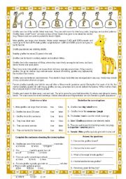 English Worksheet: Giraffes - Reading comprehension + 4 different exercises + fully editable