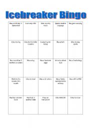 English worksheet: Icebreaker Bingo