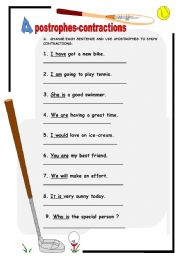English Worksheet: APOSTROPHES  CONTRACTIONS