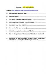 English worksheet: short quizz about Lewis Carol and Alice Lindell  5Alice in Wonderland)