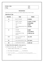 English Worksheet: Prepositions of time and place