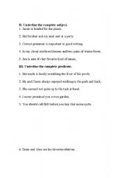 English worksheet: Identify complete subject and complete predicate