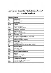 English worksheet: Nursing Acronyms