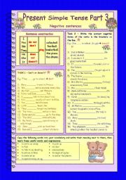 English Worksheet: Present Simple Tense * Part 3 * Negative sentences * 3 pages * 6 different tasks * with key * with vocabulary corner