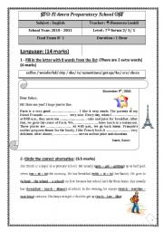 English Worksheet: English Test (1) 7th level (End of term (1) Reading, language, writing)   