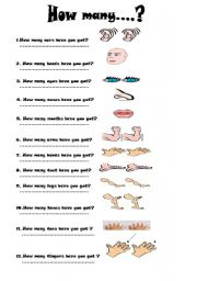 English Worksheet: body parts-how many