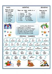 English Worksheet: Days, Months, Seasons, Ordinal Numbers and Dates