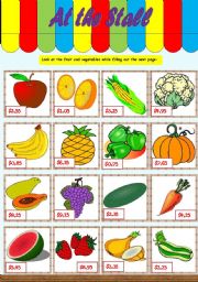 English Worksheet: At the stall  vocabulary & conversation (fruit, vegetables, numbers, prices) [written and oral tasks] ((2 pages)) ***editable