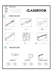 English Worksheet: Classroom Objects - Complete the words