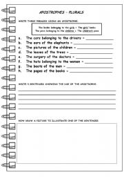 English Worksheet: APOSTROPHES  PLURALS