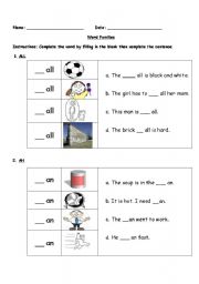 English worksheet: Word Families - _at, _all, _an