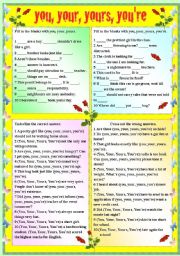 English Worksheet: YOU, YOUR, YOURS, YOURE (WITH B/W AND ANSWER KEY)
