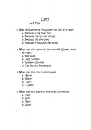 English Worksheet: Pixars Cars A.R Test