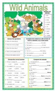 Wild animals + 5 different exercises + present continuous + prepositions + colors + comparatives and superlatives