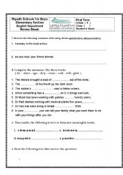 English worksheet: FOUR PAGES OF Review for grade six 