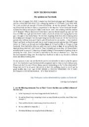 English Worksheet: New Technologies: My opinion on Facebook