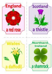 English Worksheet: THE UK FLASHCARDS 1 - SYMBOLS and FLAGS, 2 pages, 8 cards