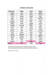 English Worksheet: Alliteration Word Bank