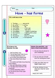 English Worksheet: Have has forms