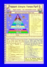 English Worksheet: Signal words * Present Simple Tense * Part 6 * 4 pages * 10 tasks * grammar explanation * key is included * for intermediate ss