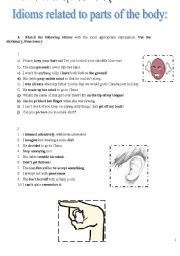 English Worksheet: reupload: IDIOMS WITH PARTS OF THE BODY + SLANG EXRESSIONS 