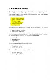English worksheet: Uncountable nouns theory
