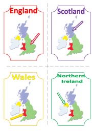 English Worksheet: THE UK FLASHCARDS 2 - MAPS and PATRON SAINTS, 2 pages, 8 cards