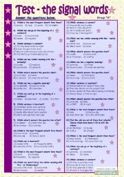 Test * Group A * signal words in the Present Simple Tense* for intermediate level * 25 questions * key is included * fully editable