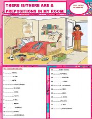 English Worksheet: TWO IN ONE SHEET(THERE IS/THERE ARE&PREPOSITIONS OF PLACE.)