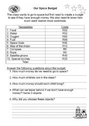 English worksheet: SPACE BUDGET