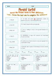 English Worksheet: > Phrasal Verbs Practice 29! > --*-- Definitions + Exercise --*-- BW Included --*-- Fully Editable With Key!