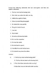 English worksheet: Transformation of sentences as interrogative and negative statements