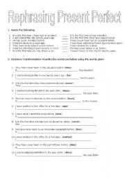 English Worksheet: Rephrasing Present Perfect