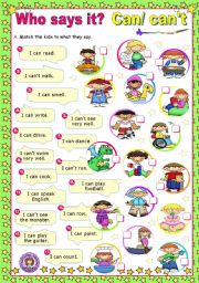 English Worksheet: Who says it?  -  Modal Verbs (1)  -   Can/ Cant